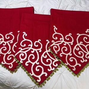 Southern Living at Home Red Table Runner with White Swirl Design & Green Trim